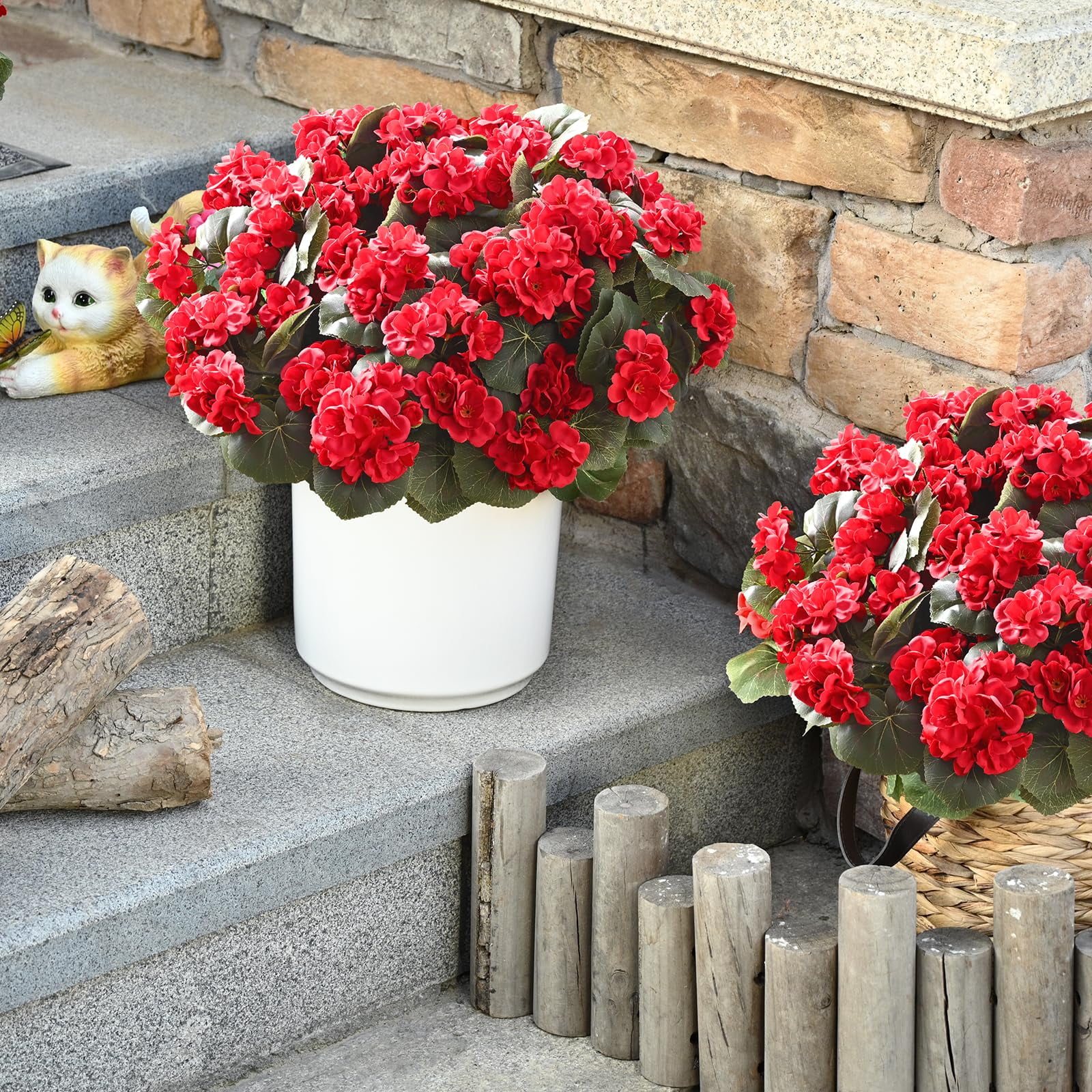 Lyacmy 12Pcs Artificial Geraniums for Outdoors Realistic Artificial Flowers, UV Resistant Red Fake Geraniums Silk Flowers Outdoor Decor
