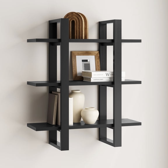 Nathan James Benji Mid Century Wall Unit Bookcase, Decorative Floating 3-Tier Wood Shelf, Black Oak