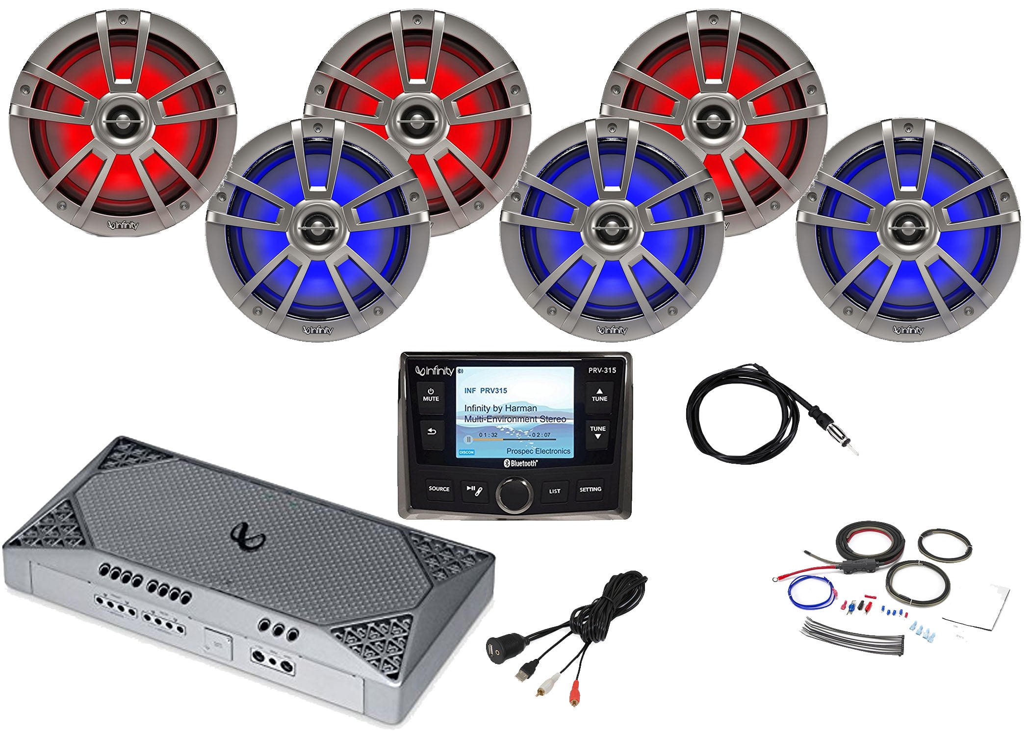 Infinity PRV315 Bluetooth AM/FM Marine Radio, 4x Infinity 8" Coaxial