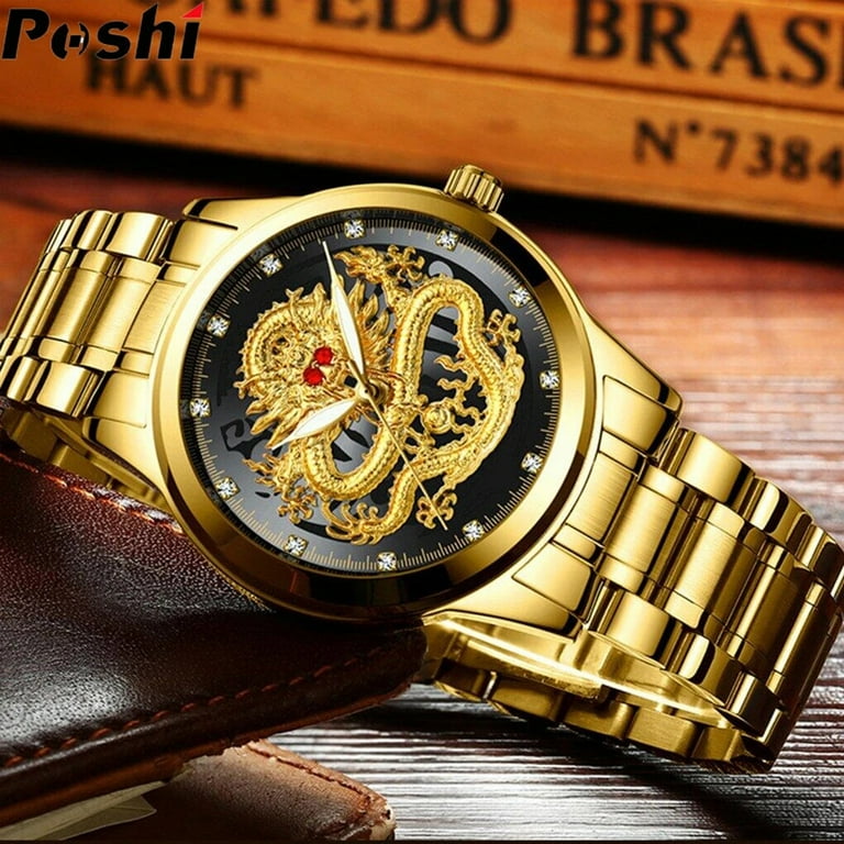 Stainless Steel Fashion Quartz Watch Gold Dragon Men's