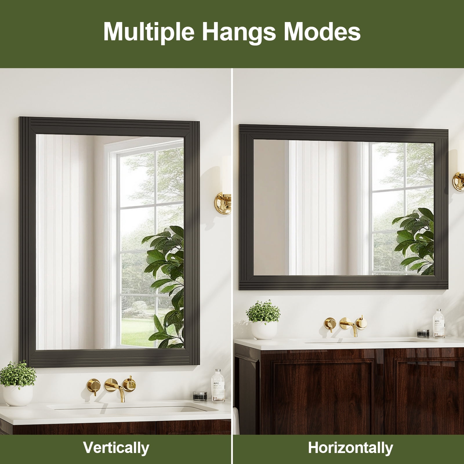 Anyrose 40.2"x30" Rectangular Wooden Framed Vanity Bathroom Mirror, Black