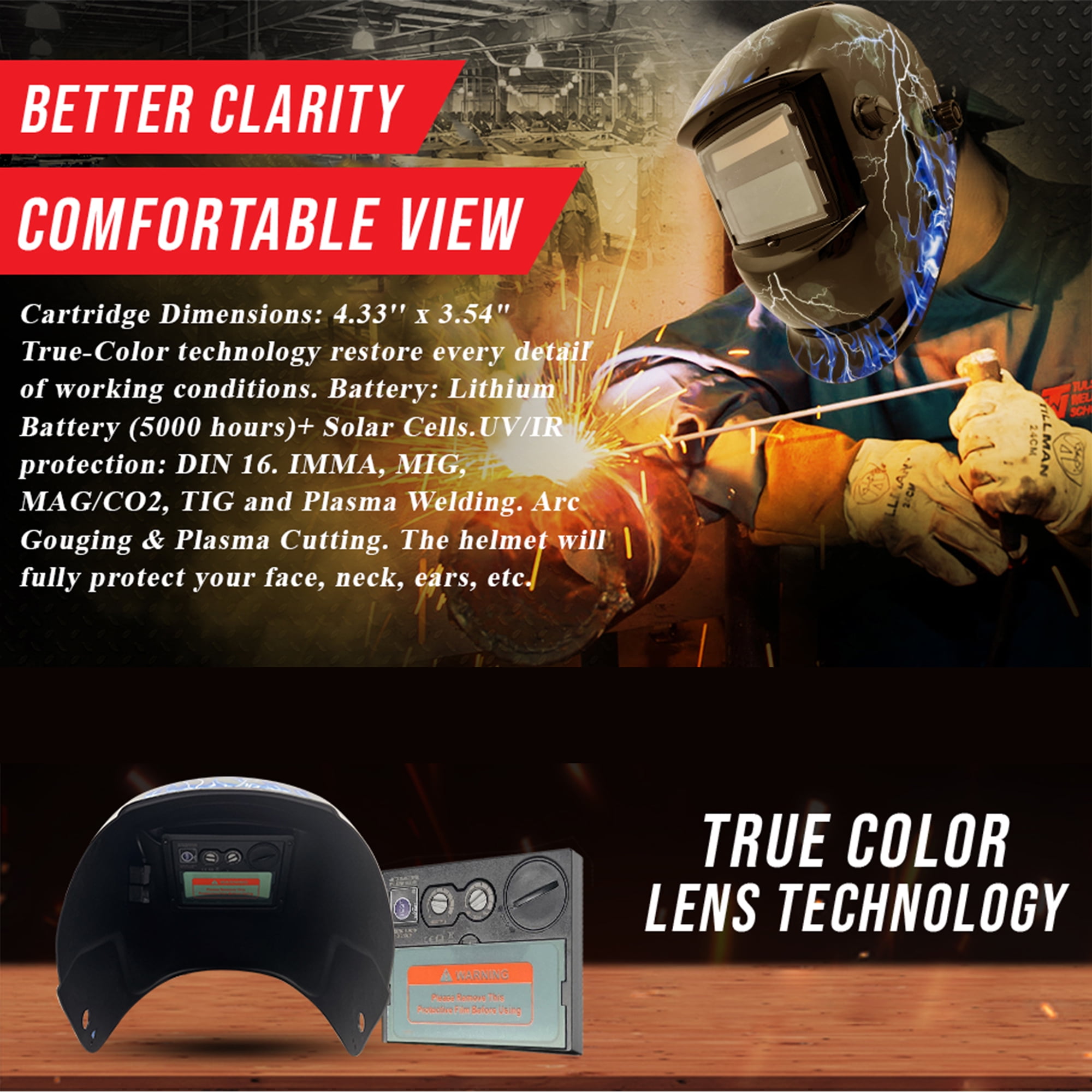 Welding Helmet, True Color Solar Power Auto Darkening Welding Helmet Welder Hood with Adjustable Shade Range for Mig Tig Arc Sensor Welder Mask