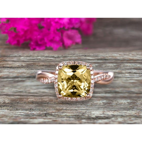 2.05 Carat 7mm Cushion Cut Champagne Diamond Moissanite Engagement Ring Infinity Twisted Halo Stacking Band Promise Ring 10k Rose Gold