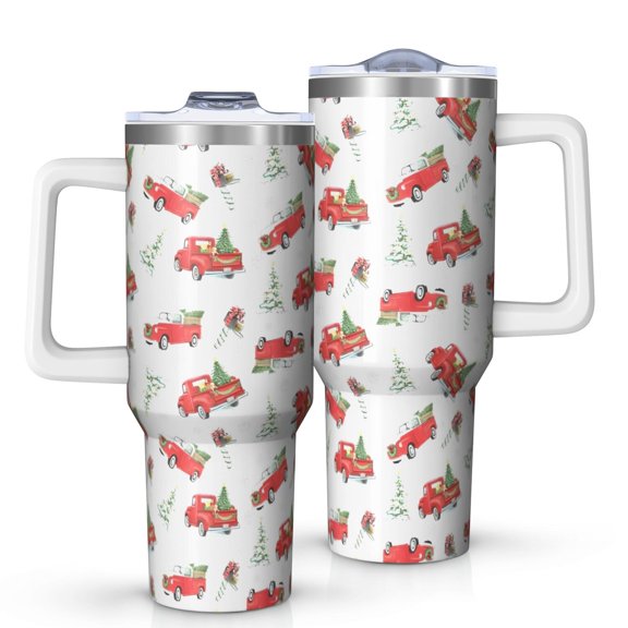 Red Christmas Truck Pattern Tumbler with Handle and Lid,40oz Double Wall Vacuum Insulated Tumbler,Cups Gift for Women and Men