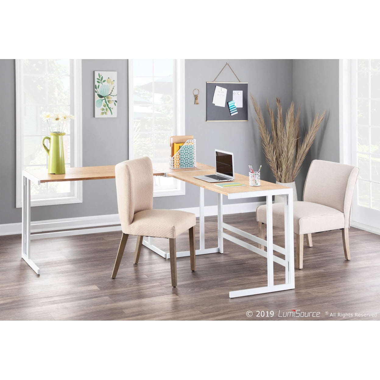 Roman Industrial "L" Shaped Desk In White Metal And Natural Wood-Pressed Grain Bamboo
