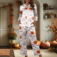 thumbnail image 4 of Halloween Pajamas Women Full Theme Printed Long Sleeve Pocket Button Down Lapel Shirts Loose Casual Pants Soft Fall Winter Nightwear Comfy Silk 2 Pc Womens Loungewear Set Light Gray M, 4 of 6