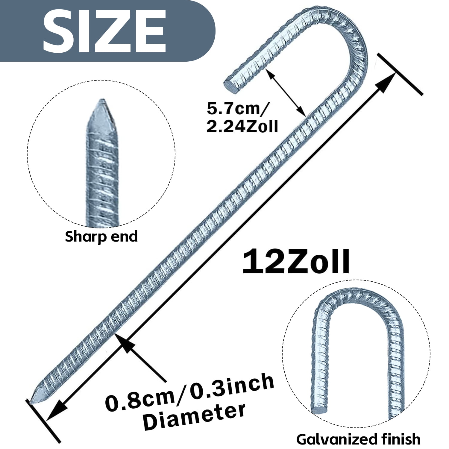 ZOOMPIL Ground Anchors, Galvanized Ground Anchors, 30cm Ground Stakes, J-Hook Rebar Stakes Suitable for Trampolines, Camping, Garden Sheds, Swings with Chisel Tip End, 12 Pack