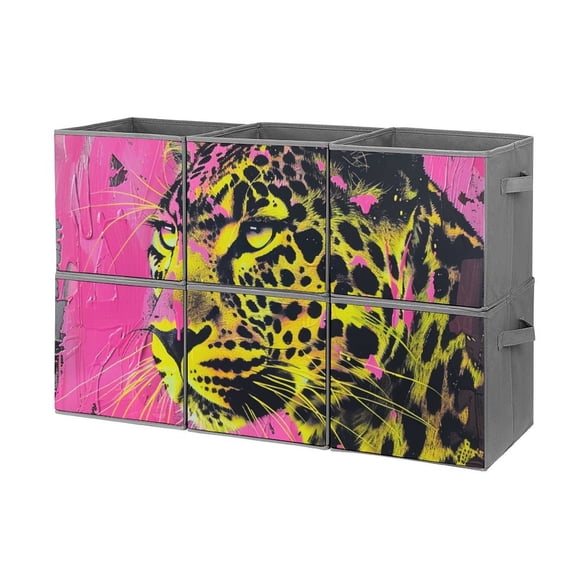 Set of 6 Collapsible Oxford Fabric Storage Cubes with Handles, Foldable Closet Organizer Bins for Clothes, Toys, Shelves, Home & Kitchen Neon Pink Leopard