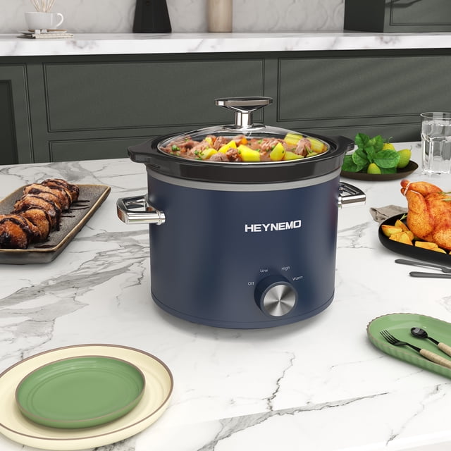 May in Color 2 Quart Slow Cooker, Small Slow Cooker with Removable Ceramic Pot, Food Warmer with 3 Heating Settings & Dishwasher Safe Glass Lid, Blue
