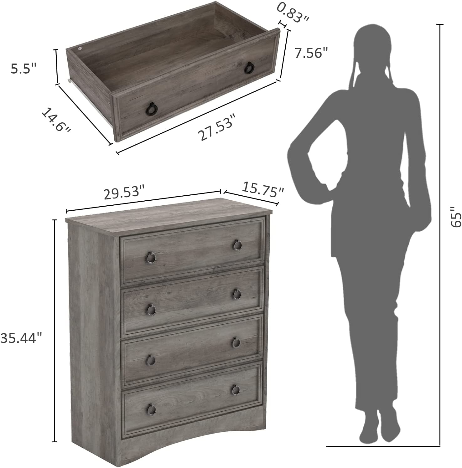 Gray Modern Dresser, 4 Drawer Dressers for Bedroom, Chest of Drawers