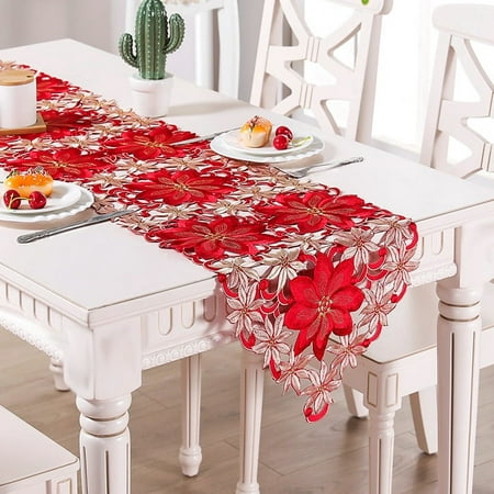 

Qtmnekly Christmas Embroidered Table Runner Hollow-Out Tea Tablecloth for Restaurant Dinning Xams Party Banquet Events 15X70 Inch