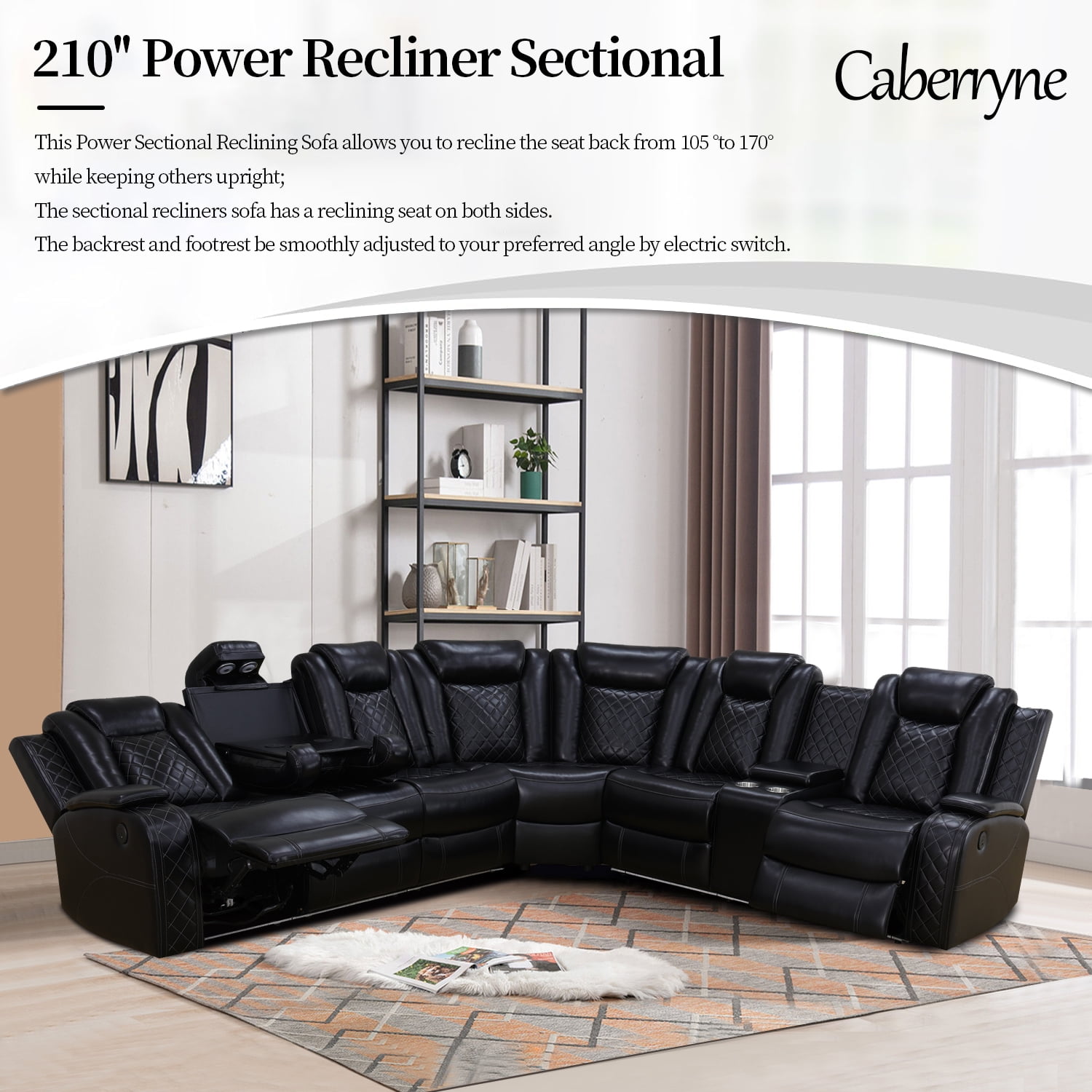 Recliner Sofa Sectional Couches with LED Light for Living Room,Leather Reclining Corner Sectional Sofa with 3 Recliner Seats,Cup Holder,Storage Console for House/Home Theater, Black