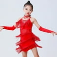 thumbnail image 4 of Girls Latin Dress Shiny Diamonds Halter Sleeveless Tassels Dancewear Samba Rumba Jazz Cha Cha 4 Piece Dance Costume Red 5-6 Years, 4 of 4