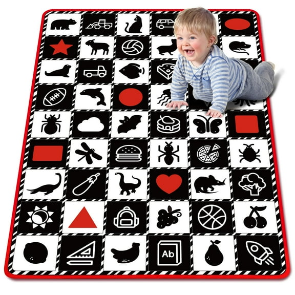 teytoy Baby Mat for Floor,Baby Tummy Time Mat- Black and White High Contrast Interactive Activities Mat,Baby Play Mats for Babies Newborn and Toddlers for Early Learning, Animal Fruits Shapes Vehicles