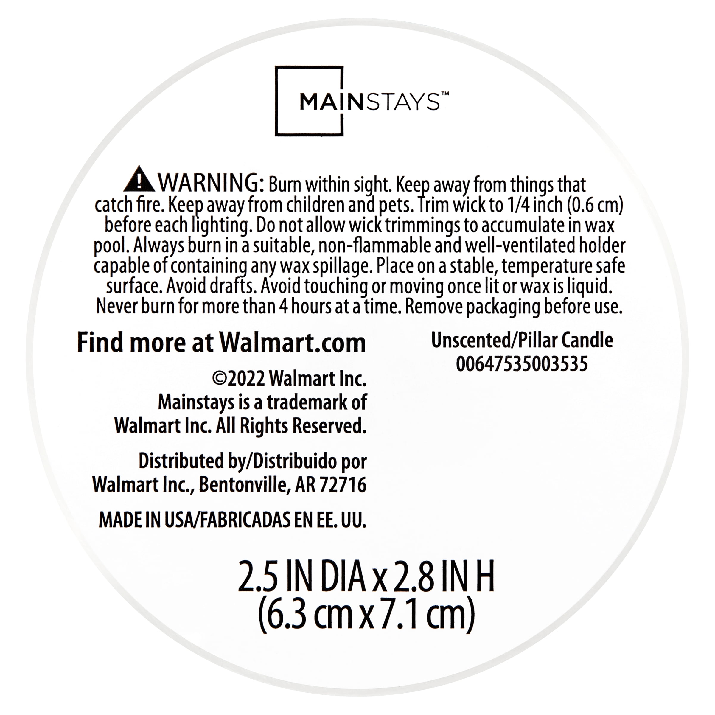 Mainstays Unscented Pillar Candles, 2.5 x 2.8 inches, White