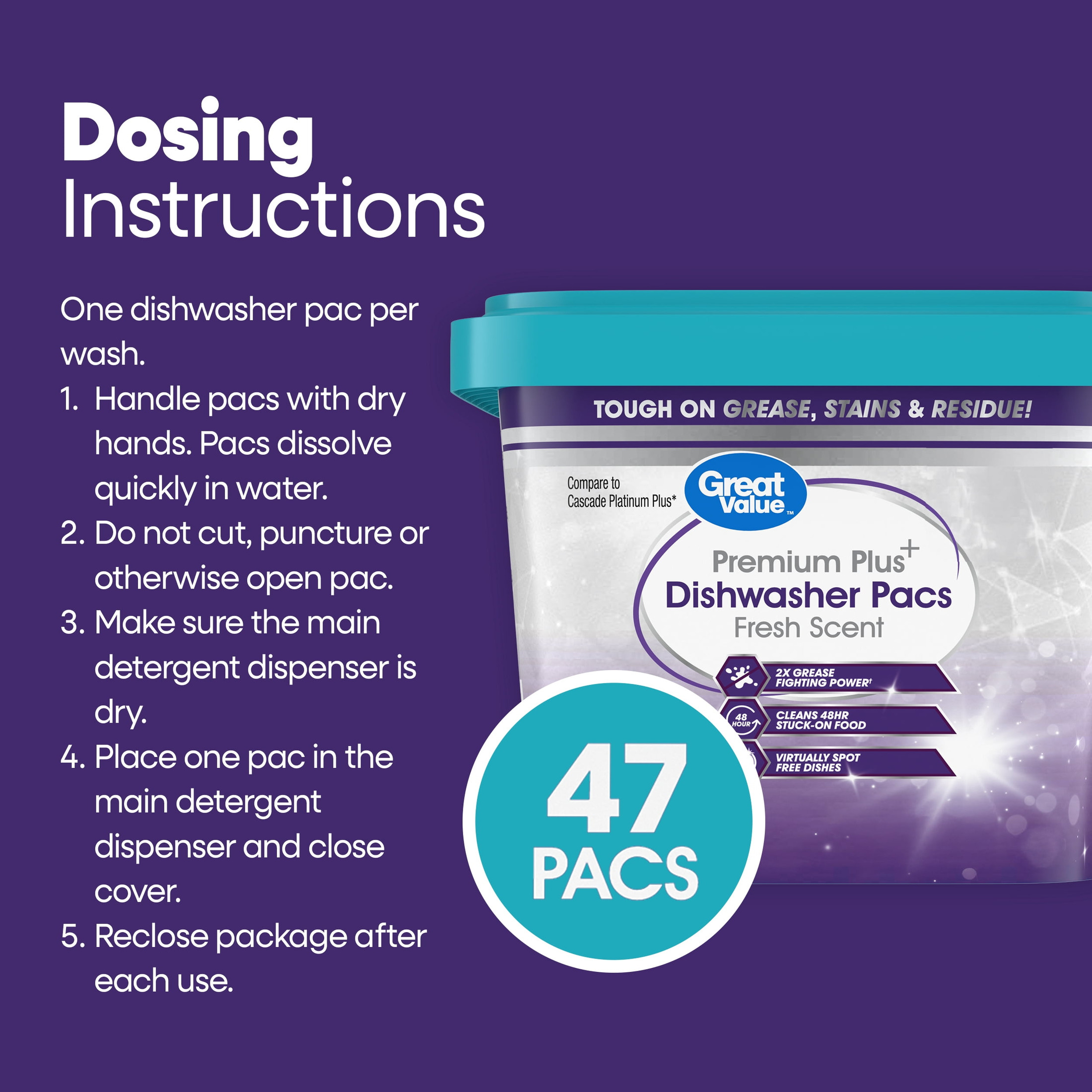 Great Value Premium Plus Dishwasher Pacs, Fresh Scent, 47-Count photo 4