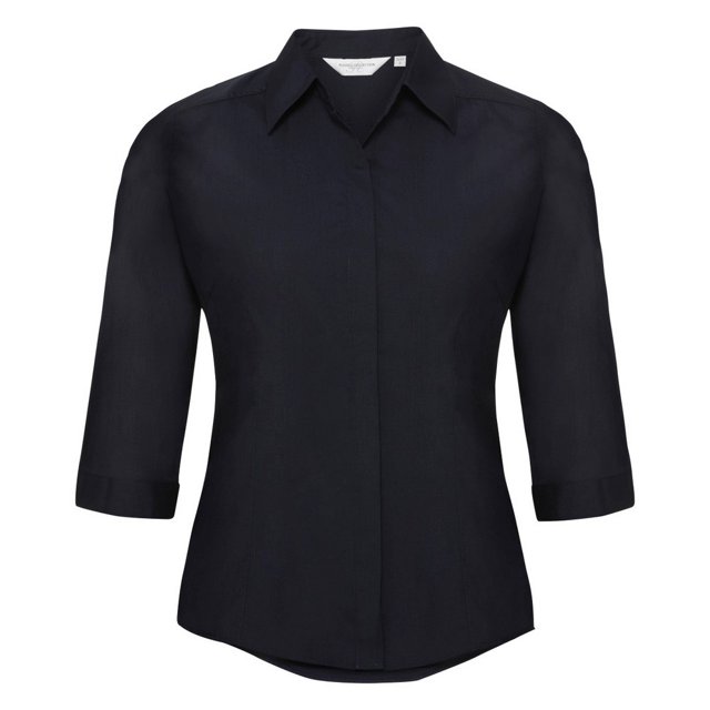 Russell Collection- Camisa entallada de manga tres cuartos de popelín y fácil cuidado de poliéster y algodón para mujer (Marino French)