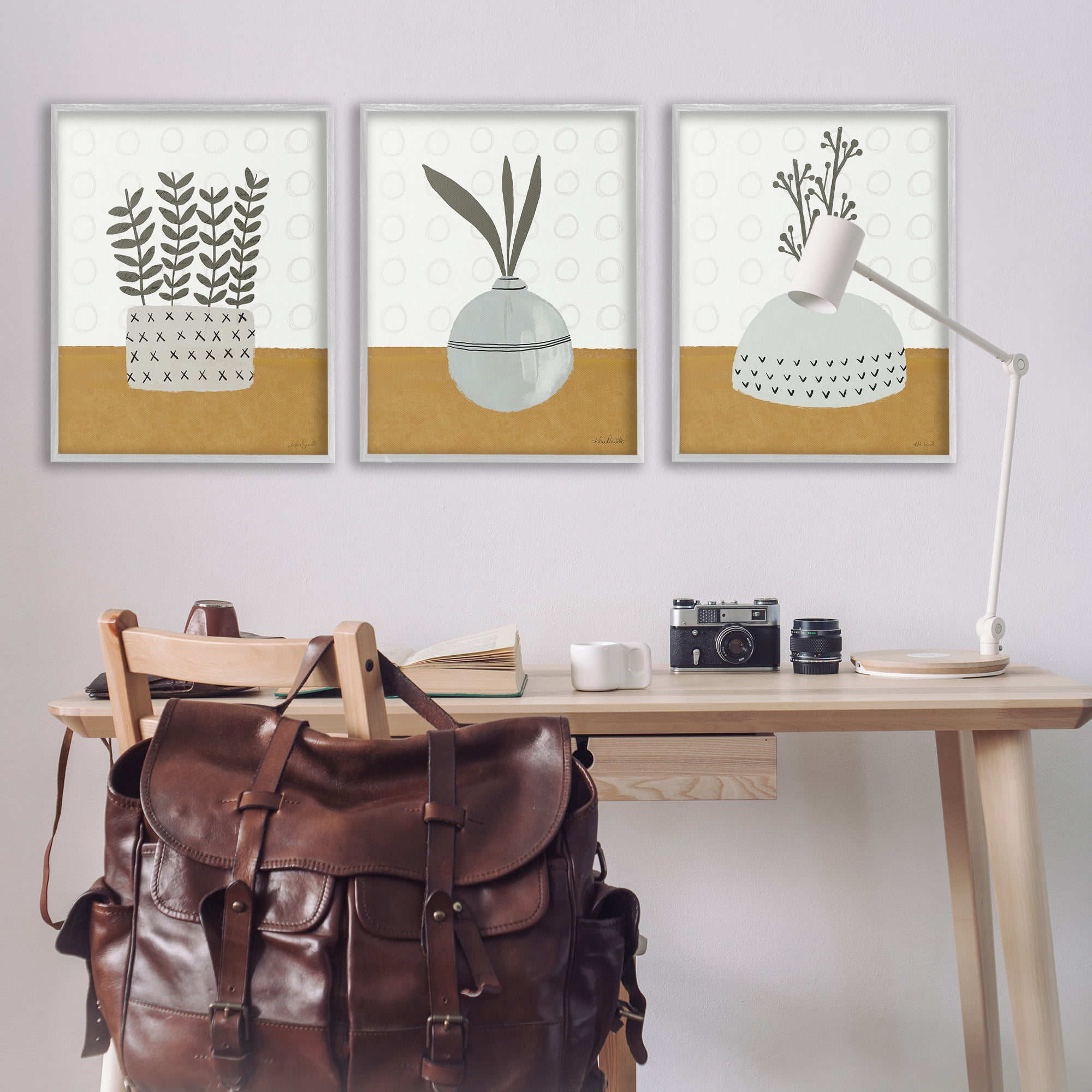 Stupell Industries Contemporary Plant Vases Botanical & Floral Painting Gray Framed Art Print Wall Art, 24 x 30, Set of 3