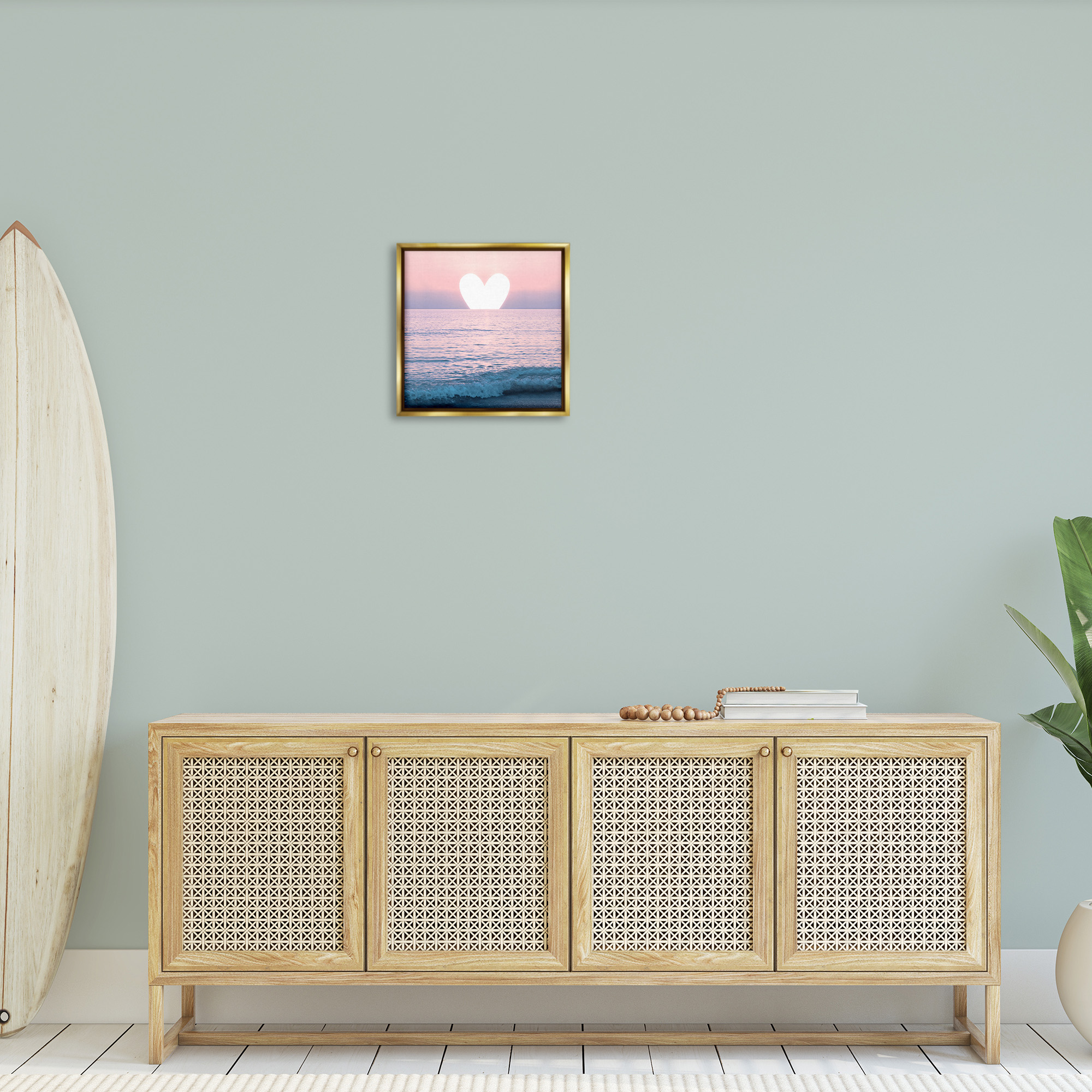 Stupell Industries Pink Heart Ocean Sunrise Landscape Painting Gold Floater Framed Canvas Art Print Wall Art, 18 x 18