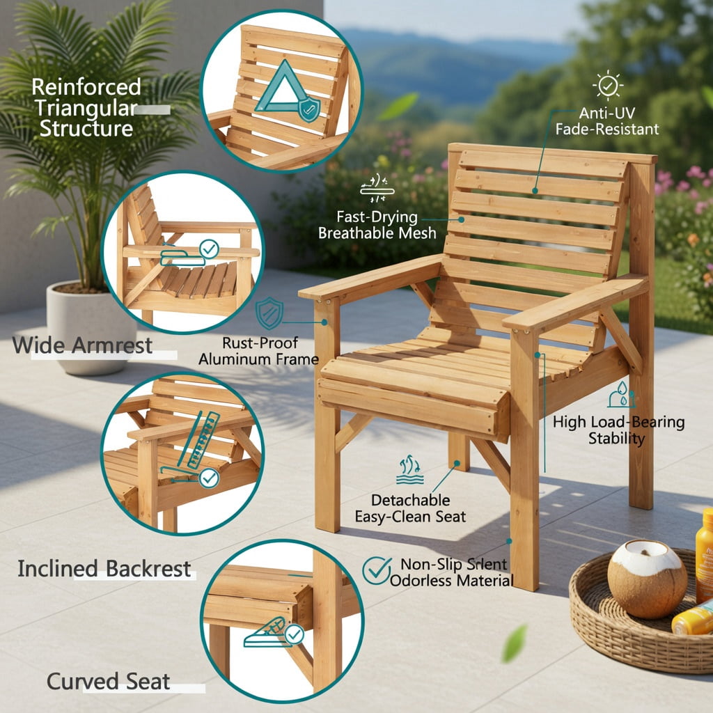 Hommoo Fir Wood Outdoor Dining Chair with Ergonomic Inclined Backrest, Sturdy Patio, Garden & Indoor Solid Wood Chair, Natural