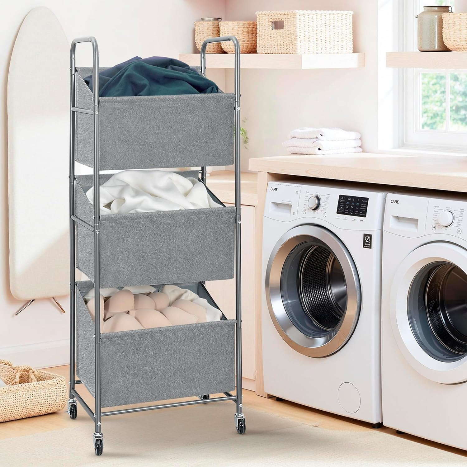 3-Tier Vertical Rolling Laundry Hamper with Removable Bags, 120L Stackable Laundry Sorter Basket, Clothes Hamper with Wheels for Small Spaces, Closet, Bedroom, Bathroom, Laundry Room, Gray