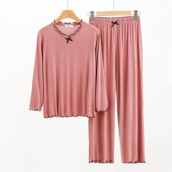 Goodtrade8 Pajamas for Women Set Soft 2 Piece Long Sleeve Casual Straight Leg Pants V-Neck Solid Color Ladies Pjs