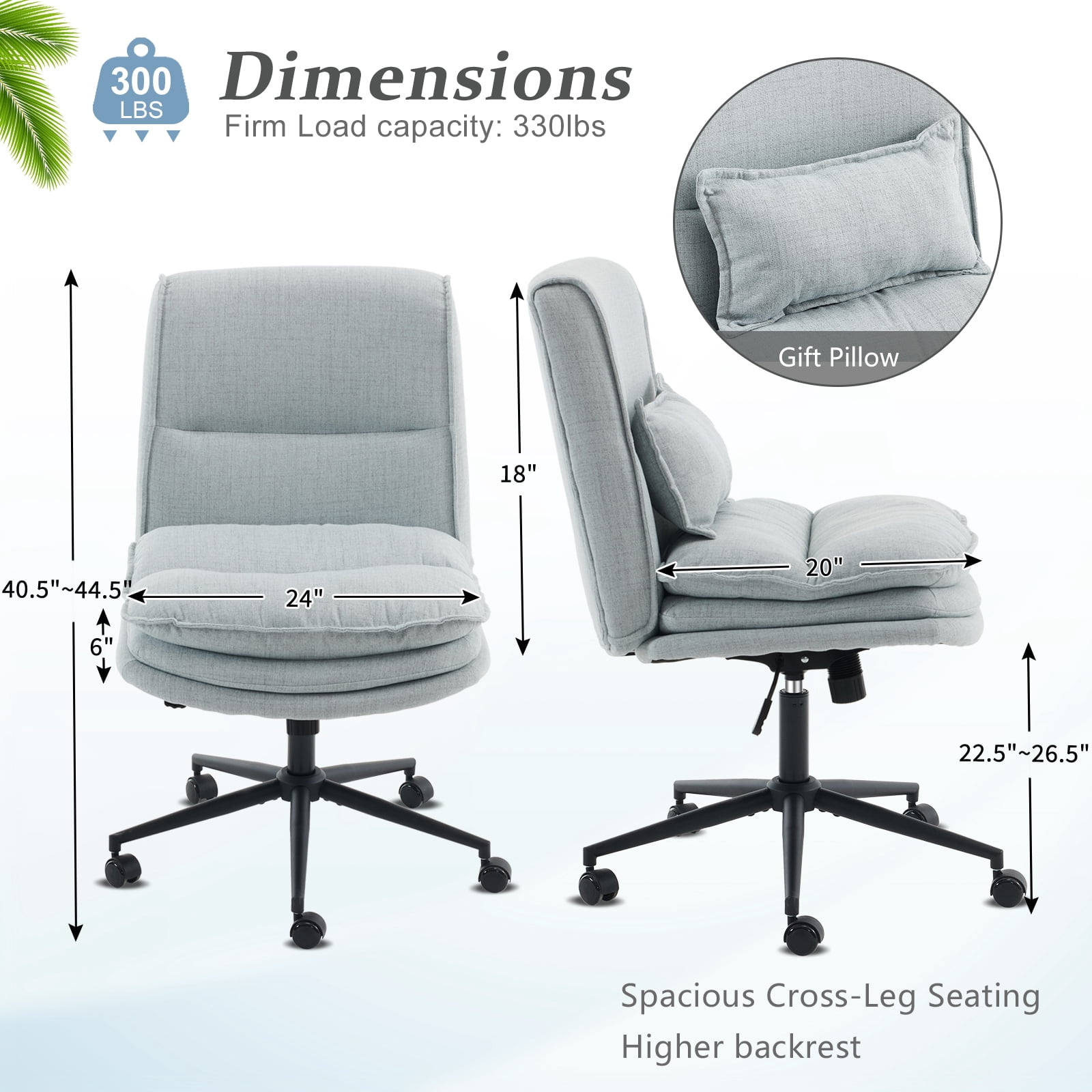 Ktaxon Armless Office Chair Linen Fabric Study Chair Adjustable Swivel Vanity Chair with Ergonomic Backrests and Wheels for Conference and Home Light Blue