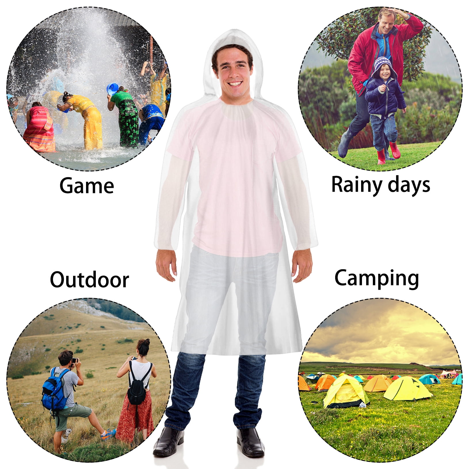Ponpon 10pcs Disposable Rain Poncho, Adult Emergency Clear Waterproof Raincoat with Hood for Outdoor Hiking Camping