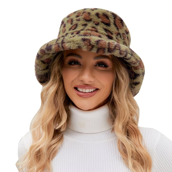 Yuanlong Womens Bucket Hat Fuzzy Leopard Print Plush Warm Winter Hat Wide Brim Windproof Retro Stylish Streetwear Headwear