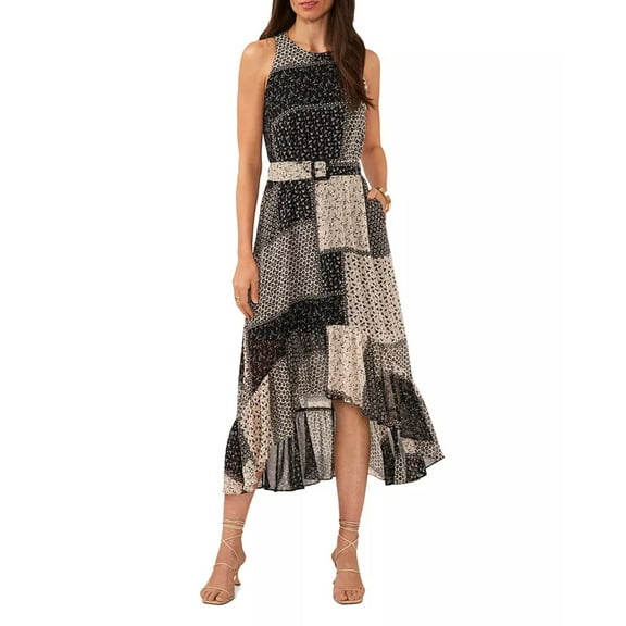 1.state Women's Sleeveless Printed Belted High-Low Dress Black