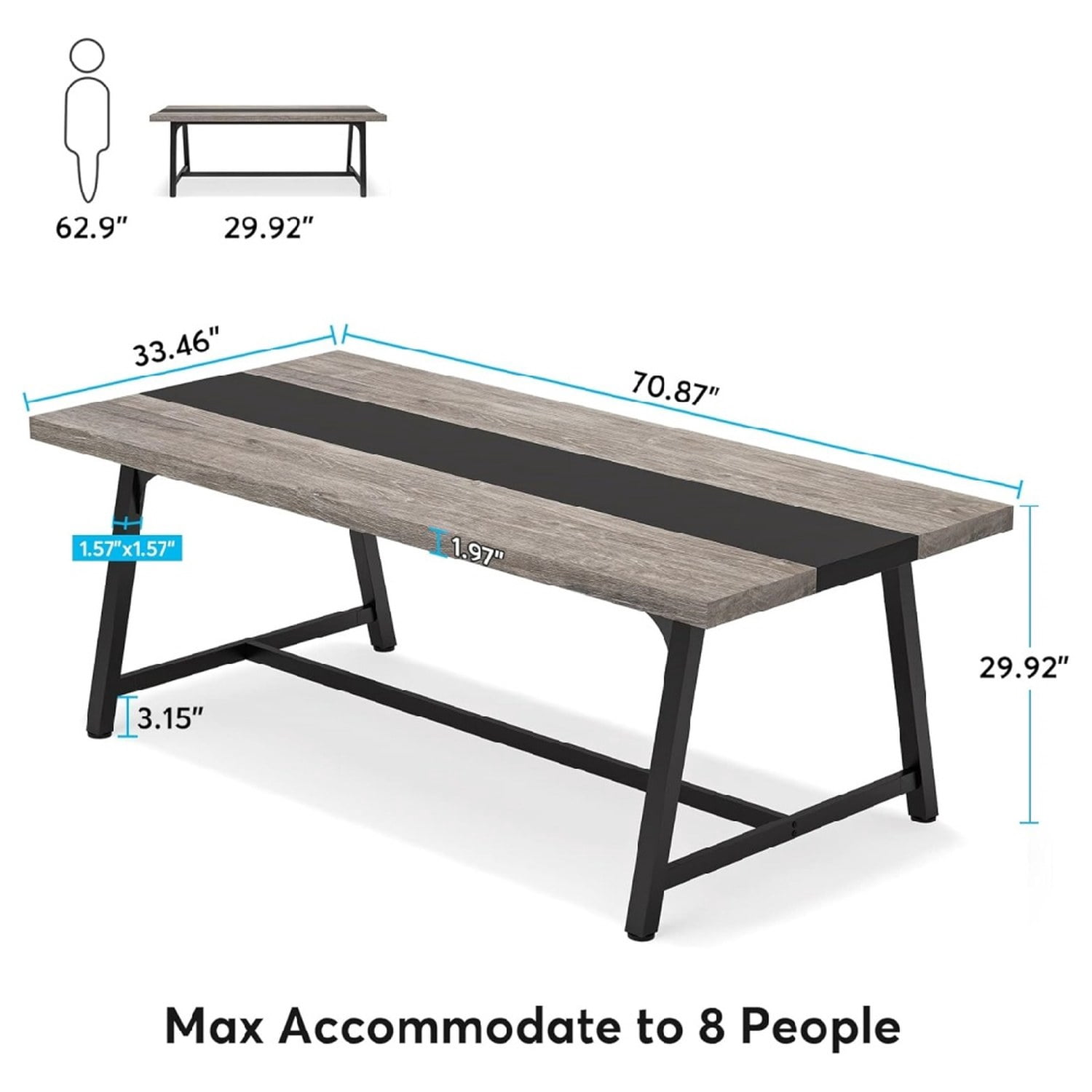 Dining Table, 70.87 in L x 33.46 in W x 29.92 in H, Seats 6-8, Rectangular Kitchen Table with Metal Frame
