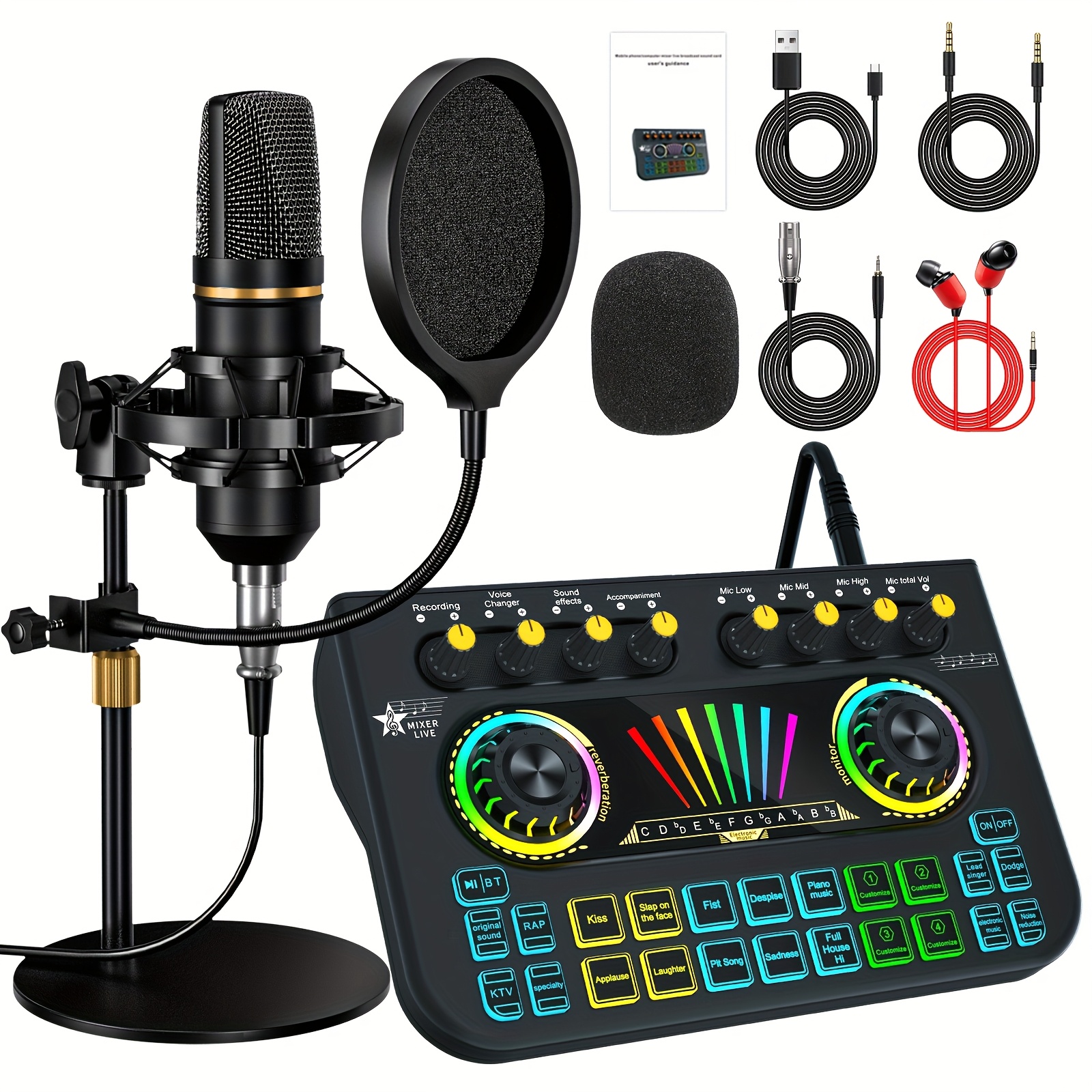 Professional Mic Mixer Set for Podcast Singing Gaming DJ - Studio Recording Controller with Wireless Microphone, Karaoke Machine & Dynamic Condenser Mic