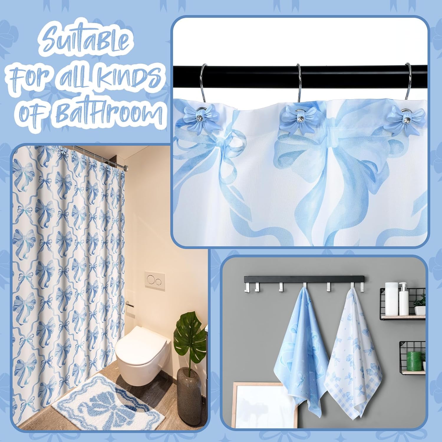 18 Pcs Blue Bow Fabric Shower Curtain Set with 12 Decorative Shower Curtain Hooks Blue Bow Knot Bathroom Towels Coquette Non Slip Absorbent Microfiber Rug for Modern Aesthetic Bathroom