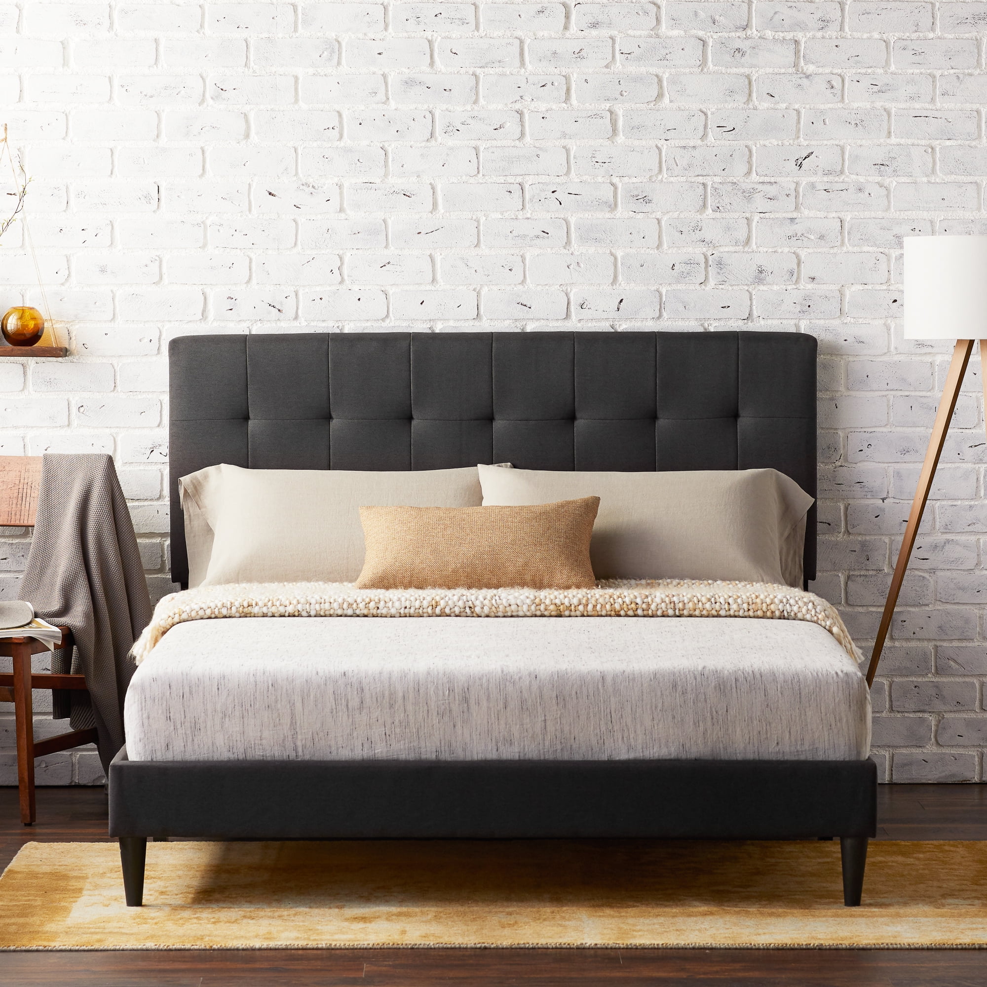 Rest haven upholstered platform bed sale frame with square tufted headboard