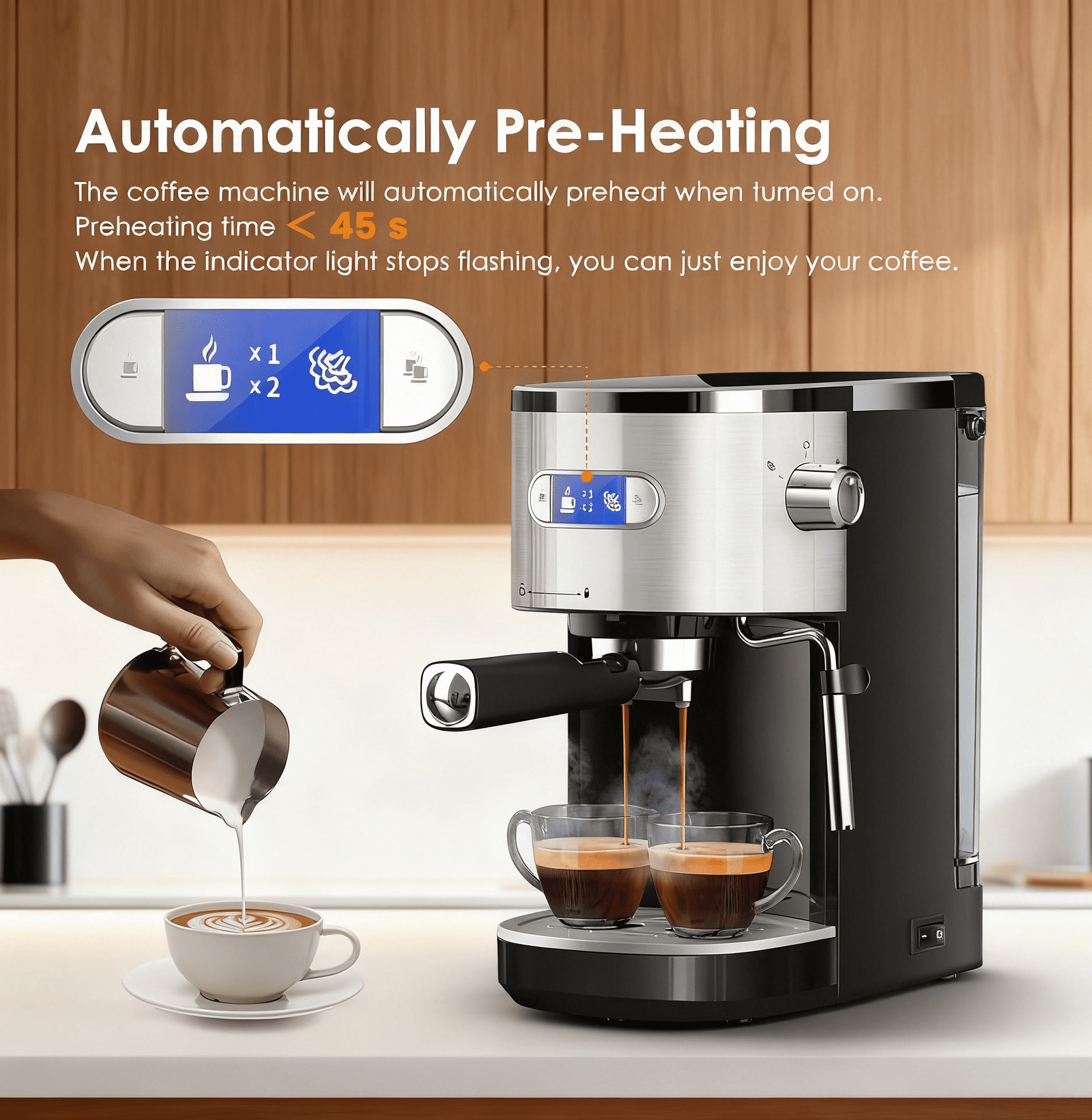 FREE VILLAGE Espresso Machine 20 Bar, Compact Espresso Coffee Maker with Milk Frother Steam Wand, Expresso Coffee Machines with 45 OZ Removable Water Tank for Cappuccino, Latte, Home