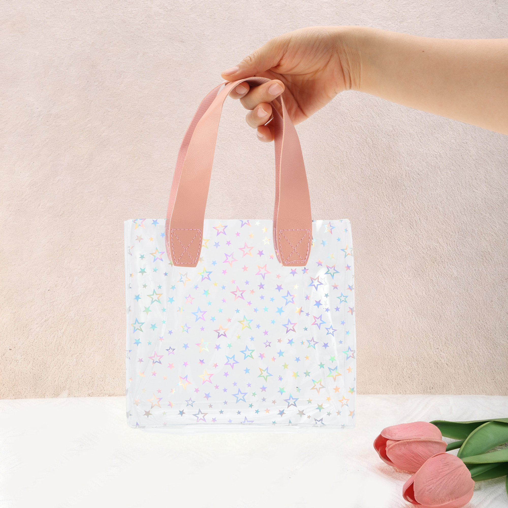 Unique Bargains Star Design Reusable Gift Bag for All Occasions 1 Pc Pink Clear Small