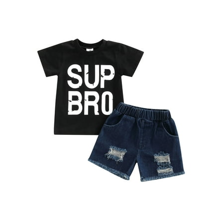 

Frobukio 2Pcs Toddler Infant Baby Boys Summer Clothes Short Sleeve Letter Print Tops + Elastic Waist Denim Shorts Black 9-12 Months