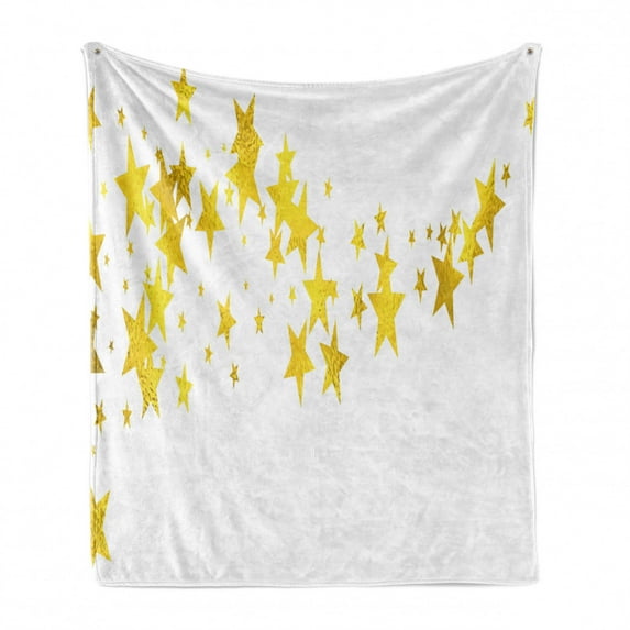 Stars Soft Flannel Fleece Blanket, Wave of Vibrant Stars in Golden Yellow Tones Modern Design Celestial Elements, Cozy Plush for Indoor and Outdoor Use, 50" x 60", Yellow and White, by Ambesonne