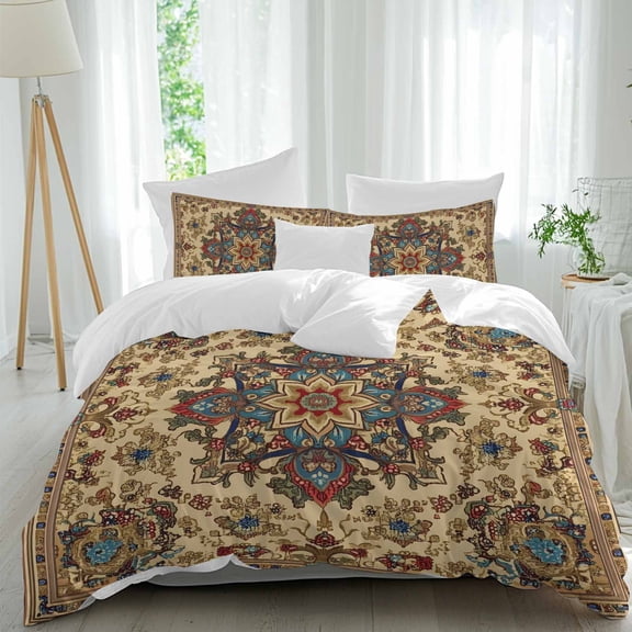3 Piece Boho Flower Duvet Cover Set Queen Size,Microfiber Comforter/Quilt Cover with Corner Ties and 2 Pillowcases,Bohemian Western Rustic Tribal Patterns All Season Soft Bedding with Zipper Closure