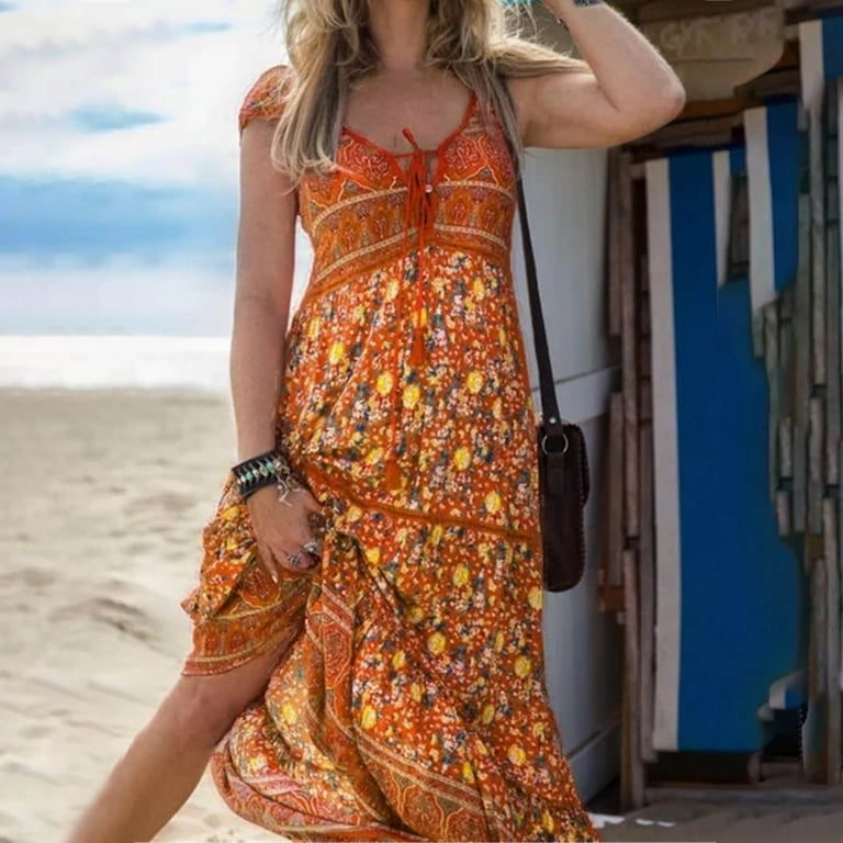 Zpanxa Summer Dresses for Women Casual Lace-up Long Print Boho Dresses Plus  Size Midi Maxi Dresses Orange S