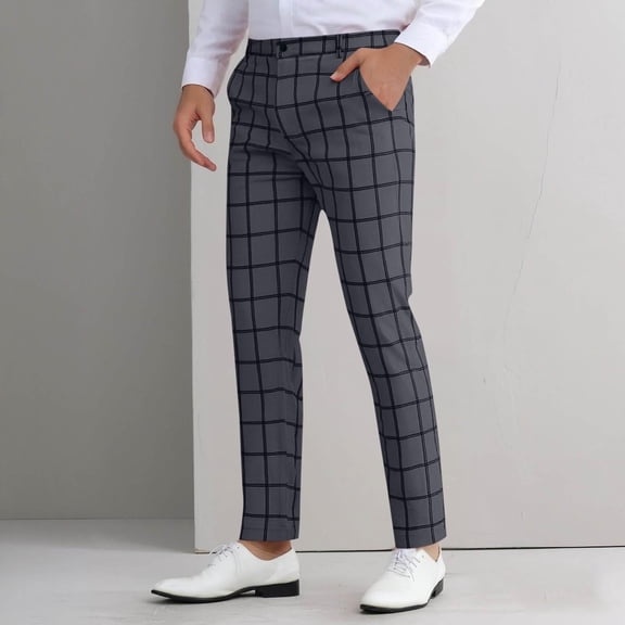 PNTUTB Men's Fashion Plaid Casual formal Business Comfortable Button Up Zipper Slim Suit Pants with Pockets