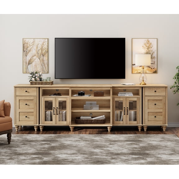 Farmhouse Large TV Stand for TVs Up to 100 inch with Charging Station, 4 Glass Doors and Wood Universal TV Console with Storage Cabinets, Entertainment Center Table for Living Room, Bedroom, Oak