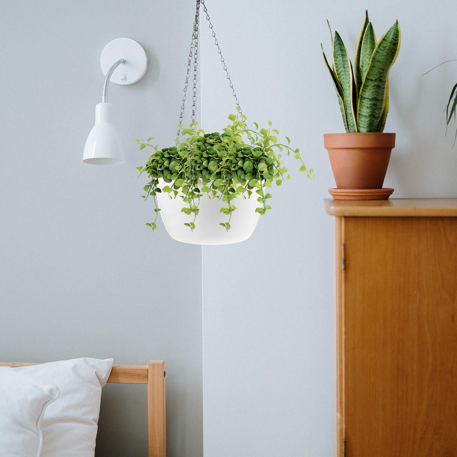 SWETRACE 1Set White PP Iron Hanging Planter Basket for Indoor Plants with Watering Holes 9.4X9.4X5.3in