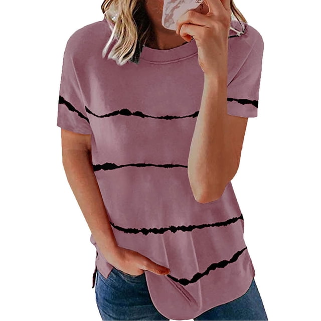 Hauts d'Été pour Femmes Grande Taille à Manches Courtes Mode T-shirt Ample à Manches Courtes pour Femmes Col Rond Hauts à Imprimé Rayé T-shirt à Col en V pour Femmes en Liquidation