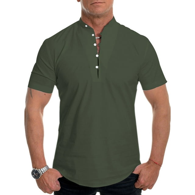 Tenmix Mens Buttons Blouse Loose Fit Summer Tops Short Sleeve Daily Wear T Shirts Henley Neck Basic Tee Green 5XL