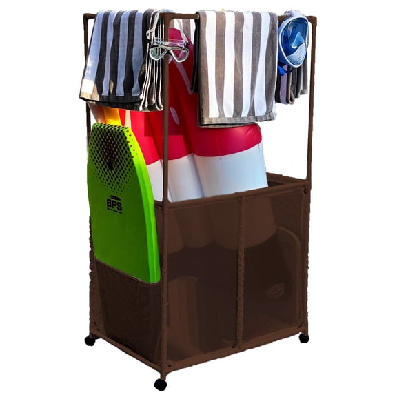Essentially Yours Pool Equipment Storage Organizer with Towel Bars, Double-Decker Mesh Bin, Extra Large, Brown, Style 4185