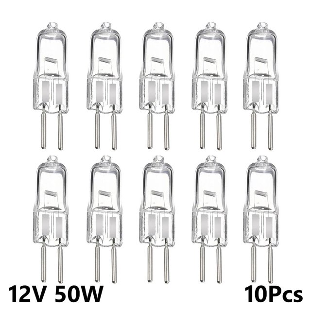 JC-bombilla halógena bi-pin G4 para decoración del hogar, luces de 5W, 10W, 20W, 35W, 50W, color blanco cálido, CC de 12V, 10 piezas