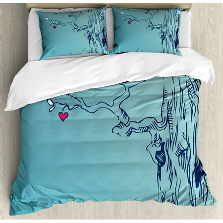 Turquoise Color Bedding Nature Duvet Cover Set, Hand Drawn Tree with Hearts and Leaves Branches Sketch Style Mother Earth Art Print, Decorative Bedding Set with Pillow Shams, Turquoise, by Ambesonne ()