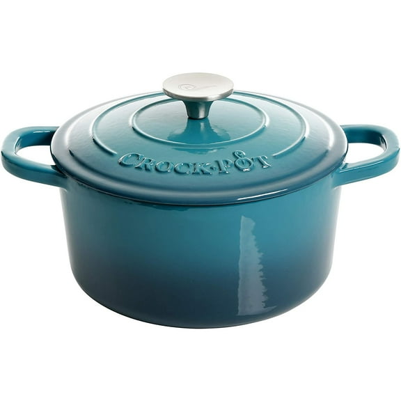 Crock-Pot 3 Quart Round Enamel Cast Iron Covered Dutch Oven Cooker, Teal Ombre