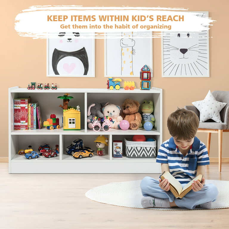 Costway Kids 2-Shelf Bookcase 5-Cube Wood Toy Storage Cabinet - White